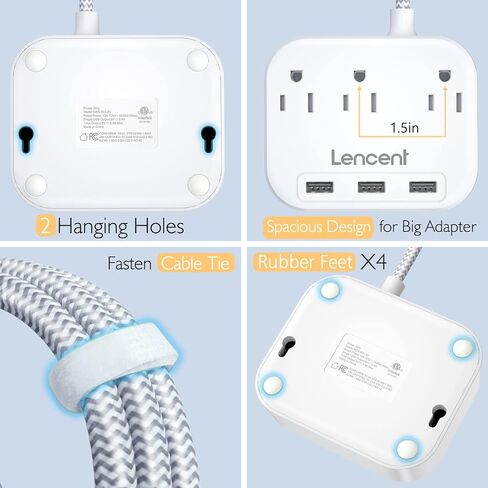 شريط طاقة LENCENT مع USB، 3 منافذ 3 منافذ شحن USB (17 وات/ 3.4 أمبير)، قابس مسطح مع سلك تمديد مضفر بطول 6.6 قدم، قابل للتركيب على سطح المكتب والجدار، صغير الحجم لسفينة الرحلات البحرية، والسفر، والمنزل، والمكاتب - مدرج في قائمة ETL in Kuwait