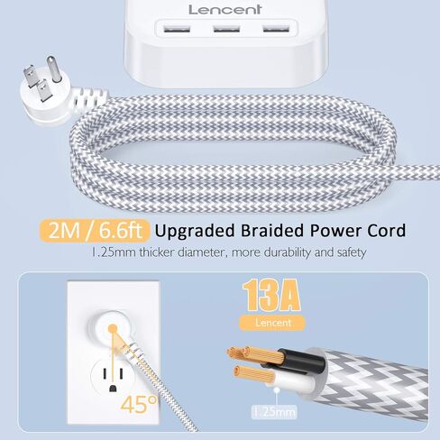 شريط طاقة LENCENT مع USB، 3 منافذ 3 منافذ شحن USB (17 وات/ 3.4 أمبير)، قابس مسطح مع سلك تمديد مضفر بطول 6.6 قدم، قابل للتركيب على سطح المكتب والجدار، صغير الحجم لسفينة الرحلات البحرية، والسفر، والمنزل، والمكاتب - مدرج في قائمة ETL in Kuwait