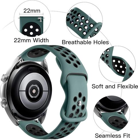 متوافق مع ساعة سامسونج 3 نطاقات 45 ملم/سوار ساعة جالاكسي 46 ملم/ساعة جير S3 فرونتير/ساعة كلاسيكية، سوار ساعة 22 ملم سريع التحرير من السيليكون المسامي للرجال، أسود/أسود، كبير in Kuwait