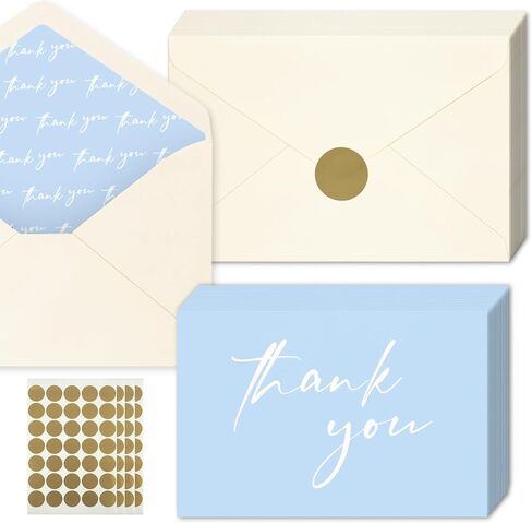 AZAZA 100 Baby Blue Thank You Cards ｗith Envelopes 4x6, Blank Thank You Cards 4 Minimalistic Designs, Baby Shower Thank You Cards with Envelopes, Blue Thank You Note and Gold Stickers for Wedding in Saudi Arabia