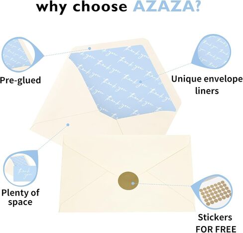 AZAZA 100 Baby Blue Thank You Cards ｗith Envelopes 4x6, Blank Thank You Cards 4 Minimalistic Designs, Baby Shower Thank You Cards with Envelopes, Blue Thank You Note and Gold Stickers for Wedding in Saudi Arabia