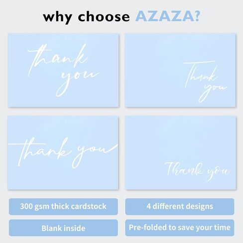 AZAZA 100 Baby Blue Thank You Cards ｗith Envelopes 4x6, Blank Thank You Cards 4 Minimalistic Designs, Baby Shower Thank You Cards with Envelopes, Blue Thank You Note and Gold Stickers for Wedding in Saudi Arabia