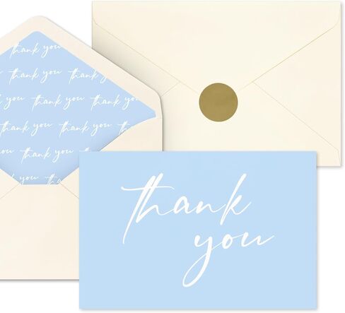 AZAZA 100 Baby Blue Thank You Cards ｗith Envelopes 4x6, Blank Thank You Cards 4 Minimalistic Designs, Baby Shower Thank You Cards with Envelopes, Blue Thank You Note and Gold Stickers for Wedding in Saudi Arabia