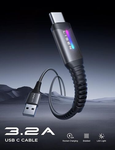 LISEN USB C Cable Fast Charger 3.2A [10FT Extra Long SR], Type C Charger Cable Fast Charging Cord with LED Light, Rubber-Sleeved SR No Bend Compatible with Samsung Galaxy S20/S10/S9/Note 10/9 2 Pack in Saudi Arabia