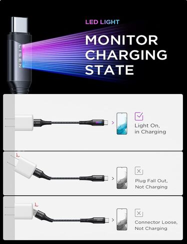 LISEN USB C Cable Fast Charger 3.2A [10FT Extra Long SR], Type C Charger Cable Fast Charging Cord with LED Light, Rubber-Sleeved SR No Bend Compatible with Samsung Galaxy S20/S10/S9/Note 10/9 2 Pack in Saudi Arabia
