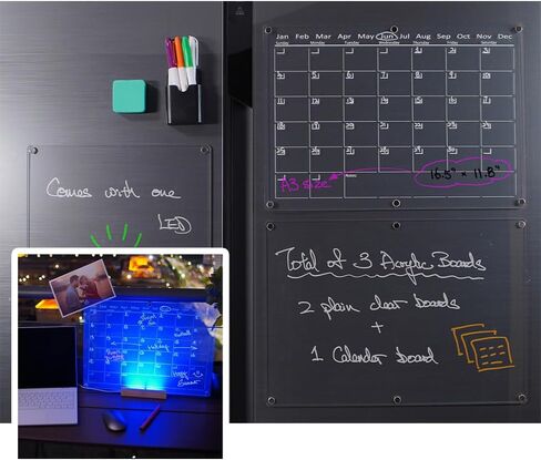 تقويم الممحاة الجافة الأكريليك المغناطيسي مع ضوء LED للمكتب والثلاجة، حامل الوصفات مع 🅻🅴🅳 🅻🅸🅶🅷🆃، 3 لوحات مسح جافة، قلم مسح جاف ملون، لوحة تخطيط متعددة الأغراض in Kuwait