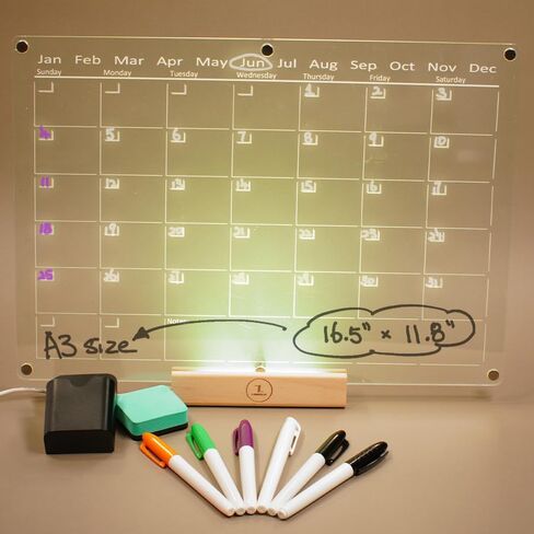 تقويم الممحاة الجافة الأكريليك المغناطيسي مع ضوء LED للمكتب والثلاجة، حامل الوصفات مع 🅻🅴🅳 🅻🅸🅶🅷🆃، 3 لوحات مسح جافة، قلم مسح جاف ملون، لوحة تخطيط متعددة الأغراض in Kuwait