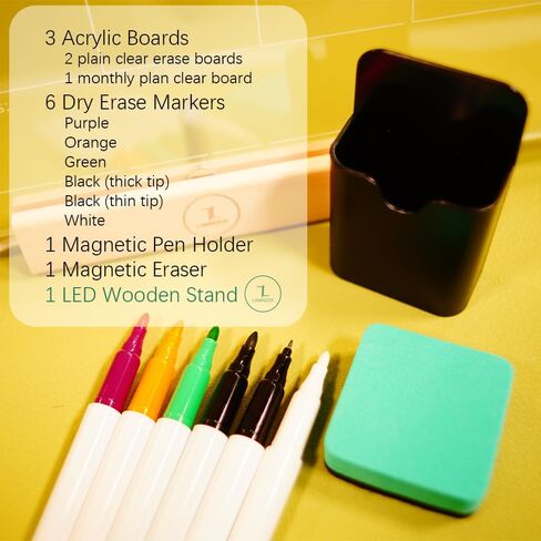 تقويم الممحاة الجافة الأكريليك المغناطيسي مع ضوء LED للمكتب والثلاجة، حامل الوصفات مع 🅻🅴🅳 🅻🅸🅶🅷🆃، 3 لوحات مسح جافة، قلم مسح جاف ملون، لوحة تخطيط متعددة الأغراض in Kuwait