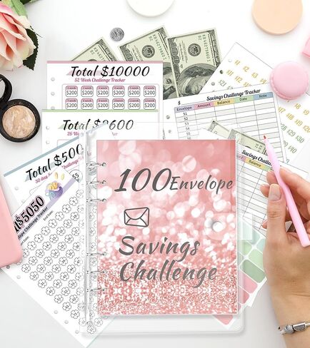 حافظة التحدي 100 مغلف من Ospelelf، حافظة الميزانية لتوفير المال مع مظاريف نقدية، ملصقات، أجهزة تتبع التحدي in Kuwait