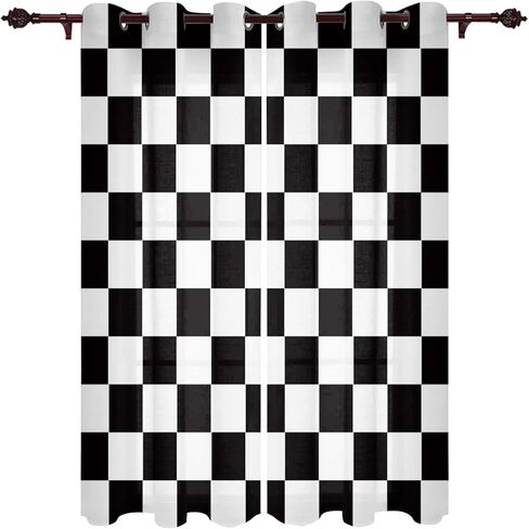 ستائر نافذة مع حلقات ستائر للمطبخ، نمط علم مربعات هندسي بسيط باللونين الأسود والأبيض، لوحتين ستائر معالجة النوافذ لغرفة المعيشة/الحمام/المكتب 80 بوصة عرض × 63 بوصة طول in Kuwait