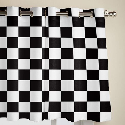 ستائر نافذة مع حلقات ستائر للمطبخ، نمط علم مربعات هندسي بسيط باللونين الأسود والأبيض، لوحتين ستائر معالجة النوافذ لغرفة المعيشة/الحمام/المكتب 80 بوصة عرض × 63 بوصة طول in Kuwait