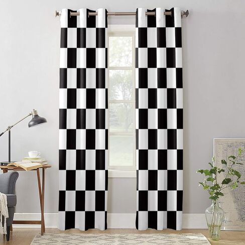 ستائر نافذة مع حلقات ستائر للمطبخ، نمط علم مربعات هندسي بسيط باللونين الأسود والأبيض، لوحتين ستائر معالجة النوافذ لغرفة المعيشة/الحمام/المكتب 80 بوصة عرض × 63 بوصة طول in Kuwait