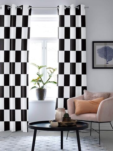 ستائر نافذة مع حلقات ستائر للمطبخ، نمط علم مربعات هندسي بسيط باللونين الأسود والأبيض، لوحتين ستائر معالجة النوافذ لغرفة المعيشة/الحمام/المكتب 80 بوصة عرض × 63 بوصة طول in Kuwait