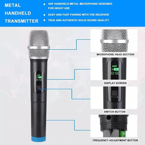 Wireless Microphone Systems, Dual Cordless Karaoke Microphone Set, Handheld Dynamic Mic Microfono for Singing with Receiver for Home Karaoke, Party, Church, DJ, Wedding, Speech (V-250) in Saudi Arabia