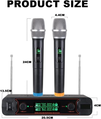 Wireless Microphone Systems, Dual Cordless Karaoke Microphone Set, Handheld Dynamic Mic Microfono for Singing with Receiver for Home Karaoke, Party, Church, DJ, Wedding, Speech (V-250) in Saudi Arabia