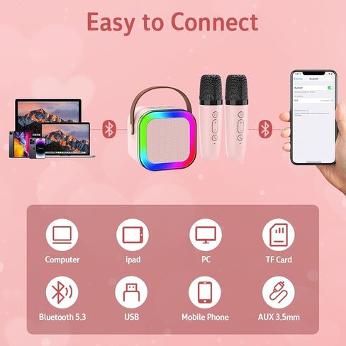 آلة كاريوكي مع 2 ميكروفونات لاسلكية، آلة كاريوكي صغيرة محمولة بلوتوث، مكبر صوت كاريوكي مع أضواء LED، ميكروفون للأطفال ألعاب هدايا عيد ميلاد للفتيات 3-12 سنة in Kuwait