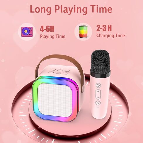 آلة كاريوكي مع 2 ميكروفونات لاسلكية، آلة كاريوكي صغيرة محمولة بلوتوث، مكبر صوت كاريوكي مع أضواء LED، ميكروفون للأطفال ألعاب هدايا عيد ميلاد للفتيات 3-12 سنة in Kuwait