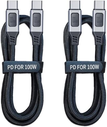 كابل SlimQ 𝐒𝐥𝐢𝐦𝐐 USB C، 100 وات USB C إلى USB C كابل شحن سريع الرأس 3.3FT PD3.0 نوع C إلى نوع C كابل 20 فولت 5 أمبير سلك شاحن سريع كابل شاحن USB C مجدول من النايلون (عبوتان، USB 2.0) in Kuwait