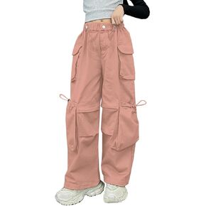 SANGTREE Girls' Vintage Multi-Pocket Cargo Pants Solid Color Streetwear, 3-14 Years in Kuwait