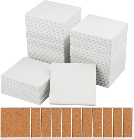GNIEMCKIN 60 Pieces 4 Inch Round Blank Ceramic Coasters, Unglazed Ceramic Tiles Coasters, Ceramic Tiles with Cork Backing Pads for Painting, DIY Crafts, Mosaics, Circular, White. in Saudi Arabia