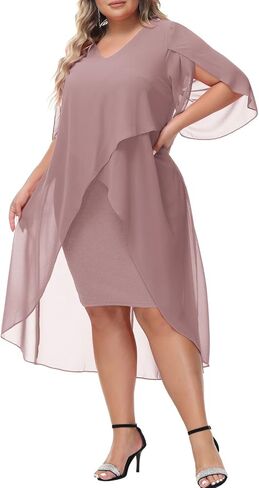 Hanna Nikole Women's Plus Size Mesh Cape Overlay Bodycon Knee Length Pencil Dress for Wedding Guest Peacock Blue 2X in Kuwait