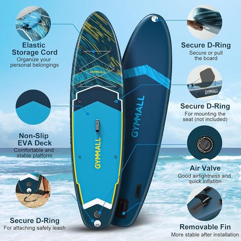 لوح التجديف من GYMMALL، ألواح تجديف قابلة للنفخ للبالغين والشباب من جميع مستويات المهارة، تصميم واسع وغير قابل للانزلاق، ألواح تجديف قابلة للنفخ مع ملحقات ممتازة وحقيبة تخزين، أزرق داكن in Kuwait