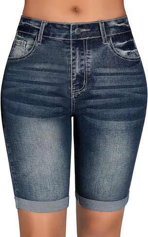 roswear Women's Mid Rise Bermuda Shorts Stretchy Jean Shorts Long Rolled Hem Denim Shorts in Kuwait