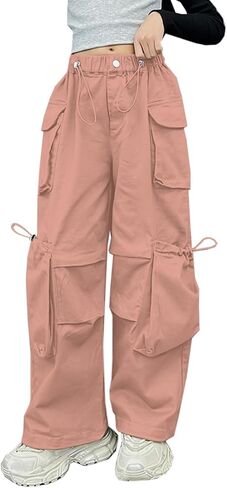 SANGTREE Girls' Vintage Multi-Pocket Cargo Pants Solid Color Streetwear, 3-14 Years in Kuwait