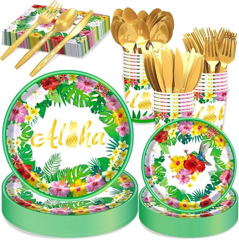 Hawaiian Luau Party Decorations Supplies, Tropical Aloha Birthday Party Plates Summer Beach Holiday Flamingo Disposable Dinnerware Set With Paper Plates Cup Napkin Plastic Fork Knives Spoon, Serves 24 in Saudi Arabia