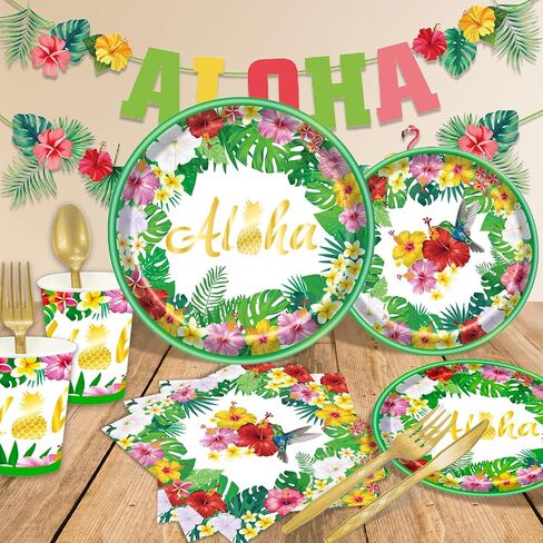 Hawaiian Luau Party Decorations Supplies, Tropical Aloha Birthday Party Plates Summer Beach Holiday Flamingo Disposable Dinnerware Set With Paper Plates Cup Napkin Plastic Fork Knives Spoon, Serves 24 in Saudi Arabia