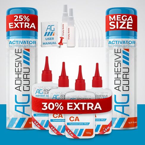 Adhesive Guru CA Glue with Activator Woodworking (4 x 4.5 oz - 4 x 16.9 fl oz) Ca Glue for Woodworking, Cyanoacrylate Glue and Activator (4 Pack) in Kuwait