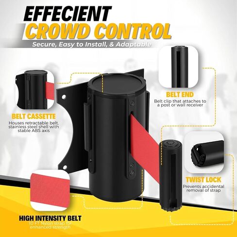 Flexzion Crowd Control Retractable Belt Barrier - 10Ft 3m Wall Mounted Safety Barrier Belt, Queue Line Dividers with Slow-Retract Nylon Rope Belt & Sturdy Steel Red Case for Indoor/Outdoor, 2 Pack in Saudi Arabia