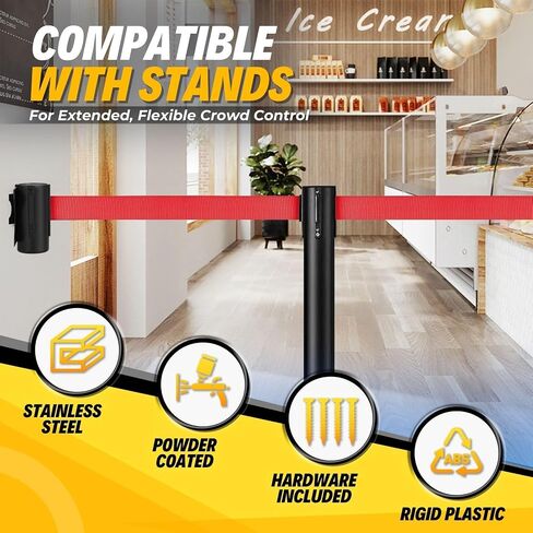 Flexzion Crowd Control Retractable Belt Barrier - 10Ft 3m Wall Mounted Safety Barrier Belt, Queue Line Dividers with Slow-Retract Nylon Rope Belt & Sturdy Steel Red Case for Indoor/Outdoor, 2 Pack in Saudi Arabia