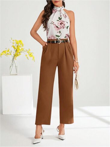 Floerns Women's Elegant Dress Pants Tapered High Waisted Straight Leg Suit Trousers in Kuwait