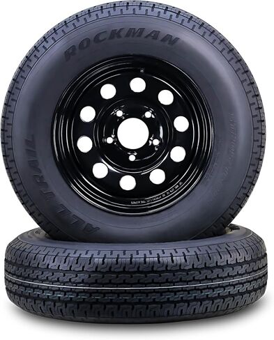 مجموعة عجلات إطارات ROCKMAN للمقطورة ST205/75R14 8 طبقات D 105M 5 عروة على حافة PCD سوداء مقاس 4.5 بوصة، مجموعة 2 in Kuwait