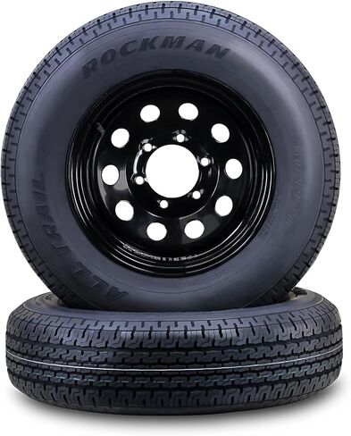 مجموعة عجلات إطارات ROCKMAN للمقطورة ST205/75R14 8 طبقات D 105M 5 عروة على حافة PCD سوداء مقاس 4.5 بوصة، مجموعة 2 in Kuwait