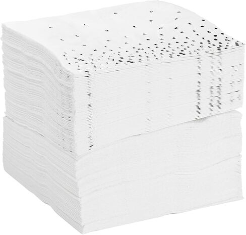 100-Pack Confetti Foil Silver Cocktail Napkins, 3-Ply Disposable Polka Dot Beverage Napkins for Wedding Reception, Bridal Shower, Birthday Party Supplies (5x5 In) in Saudi Arabia