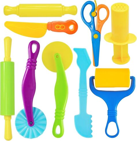 Jaeespon Dough Play Tools for Kids- Dough Accessories Molds Dinosaur Fruit Roller Cutter Scissor and Storage Box, Party Favors Set for Age 2-8 in Kuwait