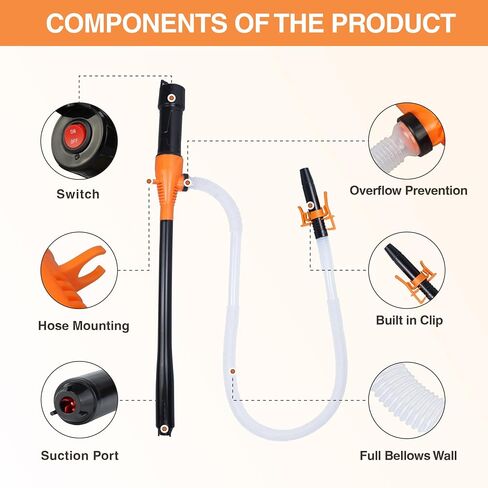Portable Power Battery Pump, Portable Transfer Pump, Battery Powered, for Transferring Gasoline, Fuel Oil, Diesel and Water, 2.2 GPM, Manual Fuel Pump, Multi-Purpose Siphon Fuel Transfer Pump (Orange) in Saudi Arabia