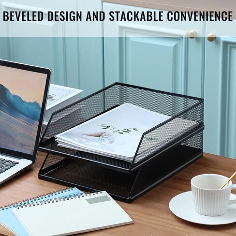 Hicarer 2 قطعة صينية رسائل معدنية سوداء قابلة للتكديس صينية مكتب واحدة سلكية منظم مكتب تحميل أمامي ملف حامل ورق لمكتب سطح المكتب والمكتب المنزلي والفصول المدرسية، 12.8 × 9.84 × 2.95 بوصة in Kuwait