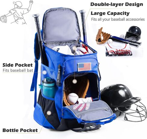VIGEGARI | Baseball Bag Softball Bat Bag, Double-layer Baseball Backpack Adult with Gear Klip To Hold Baseball Glove, Baseball Essential Gear, Youth Baseball Bag for Boys, Girls, Baseball Accessories in Kuwait
