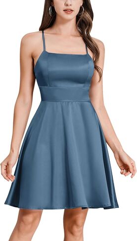 ODIZLI Women's Satin Square Neck Spaghetti Straps Tie Back Ruffle Mini Dress Party Dress in Saudi Arabia