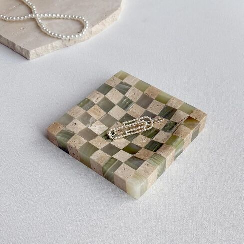 Marble Stone Green Onyx with Travertine Checkerboard Square Small Splicing Mosaic Tray Jewelry Dish (Green and Beige) in Saudi Arabia
