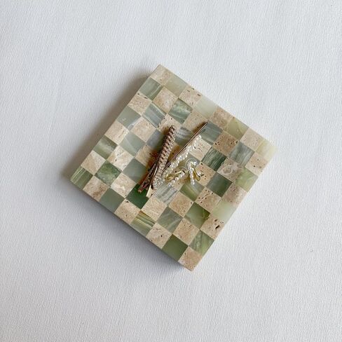 Marble Stone Green Onyx with Travertine Checkerboard Square Small Splicing Mosaic Tray Jewelry Dish (Green and Beige) in Saudi Arabia