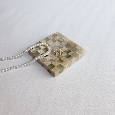 Marble Stone Green Onyx with Travertine Checkerboard Square Small Splicing Mosaic Tray Jewelry Dish (Green and Beige) in Saudi Arabia