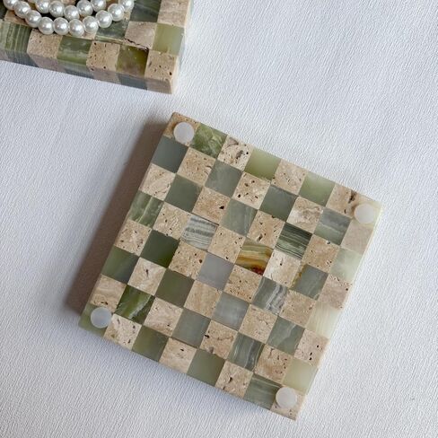 Marble Stone Green Onyx with Travertine Checkerboard Square Small Splicing Mosaic Tray Jewelry Dish (Green and Beige) in Saudi Arabia