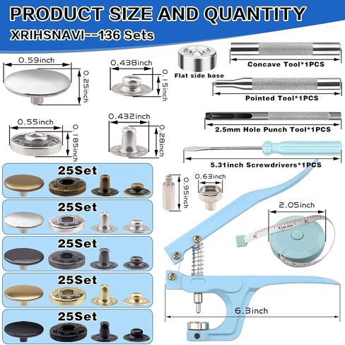 507PCS Snap Fasteners Kit, 15mm Leather Snap Fasteners Kit, Sewing Snaps, 304 Stainless Steel Button Snaps Press Studs with 6 Setter Tools, 5 Color Leather Snaps for Clothes, Jackets, Bracelets, Bags in Saudi Arabia