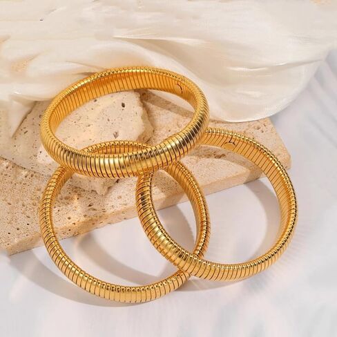 Gold Bangles for Women Set of 3 Gold Chunky Stretch Bangles Bracelets 24K Gold Plated Stainless Steel Bracelets Flexible Wide Gold Stack Bracelets Designer Look Alike Gold Jewelry for Women in Saudi Arabia