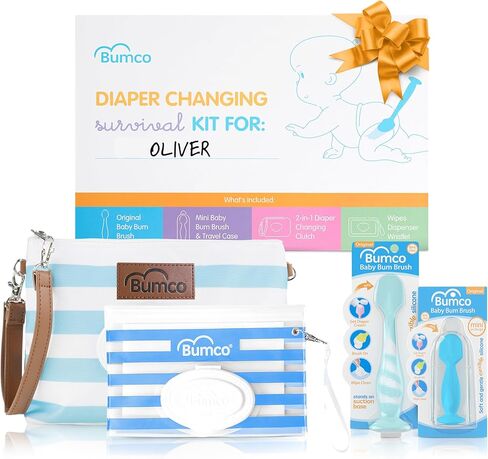 Baby Essentials Set - Personalized Diaper-Changing Baby Shower Gifts for Boys, Baby Gift Set with 2 Baby Bum Brushes (Original & Mini) + Diaper Clutch Bag + Wipes Wristlet, Newborn Gift Set in Kuwait