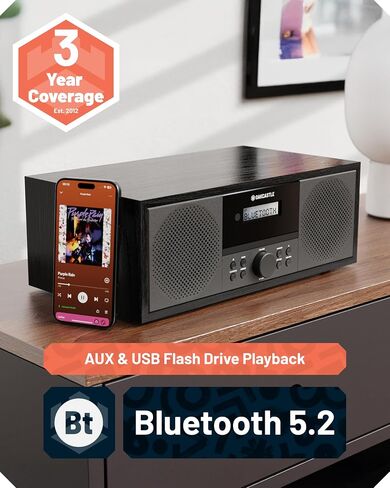 Blueooth 5.2 Stereo System for Home | Powerful 60W CD Player with Inbuilt Stereo Speakers and Remote | USB & AUX Playback, | FM Radio, 30 Pre-sets, Wooden Construction | Oakcastle HIFI500 in Kuwait